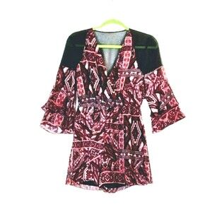 BCBG Romper Women's XS Long Flutter Sleeve Crepe Pull On Lined Burgundy